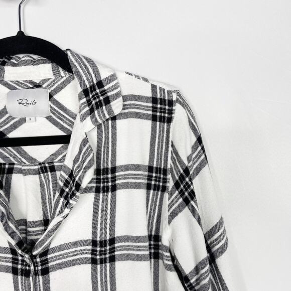 Rails Small White Black Long Sleeve Short Set Onyx Plaid Top Button Down Flannel - Picture 3 of 8
